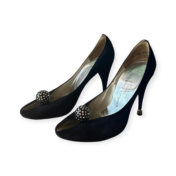 Vintage Charles Jourdan Black Suede Heel with Rhinestone Ball. Size 7 2A - Picture 6 of 15